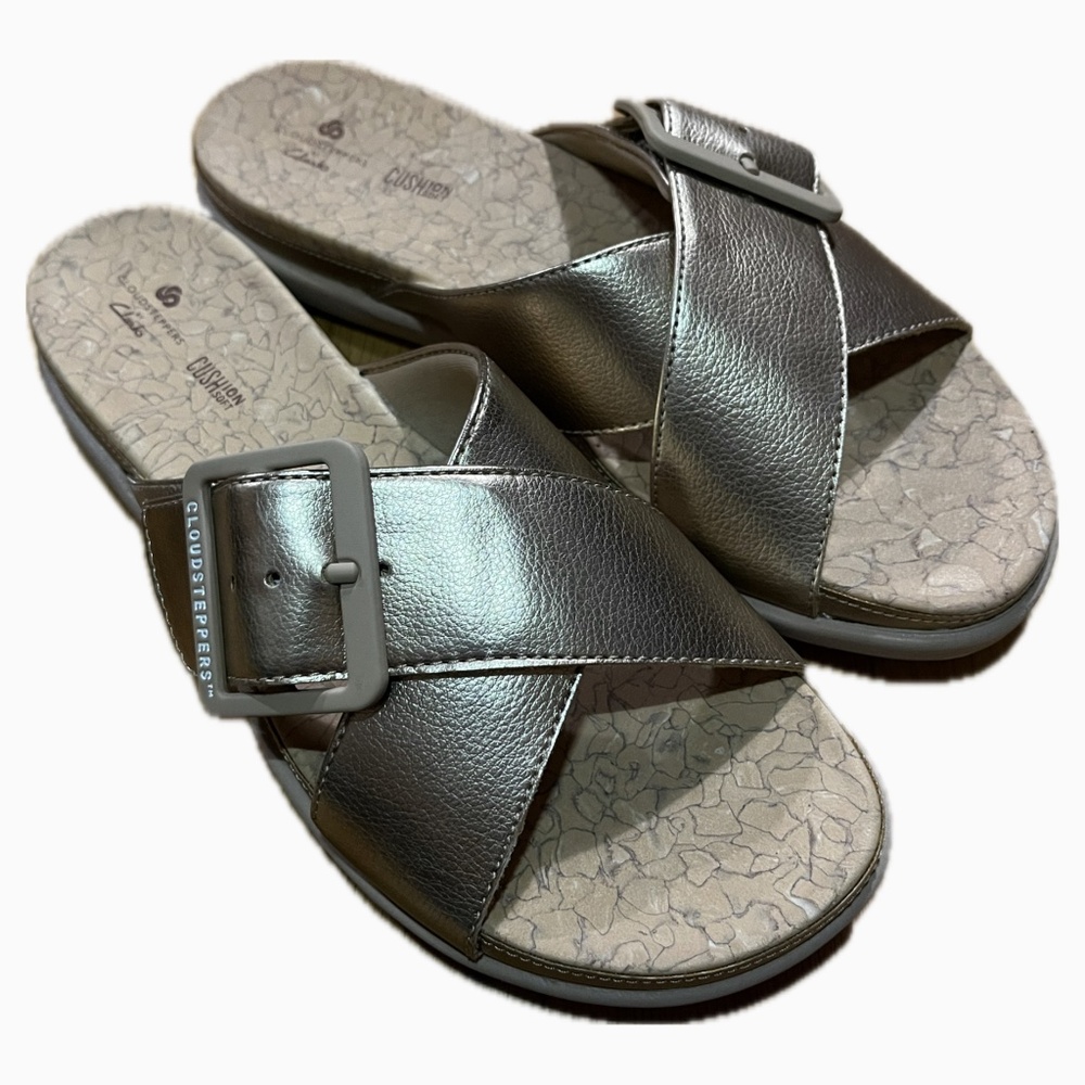 Clarks Cloudsteppers Step June Shell Rose Gold Slide Sandals EUC Size 7.5